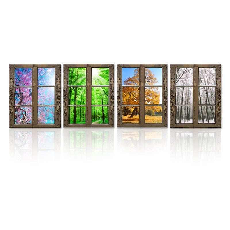 iHAPPYWALL 4 Seasons Modern Landscape Window Frame Style Wall Decor Spring Summer Autumn Winter Season Changes Forest with Sunshine Picture for Living Room Ready to Hang - Image 1